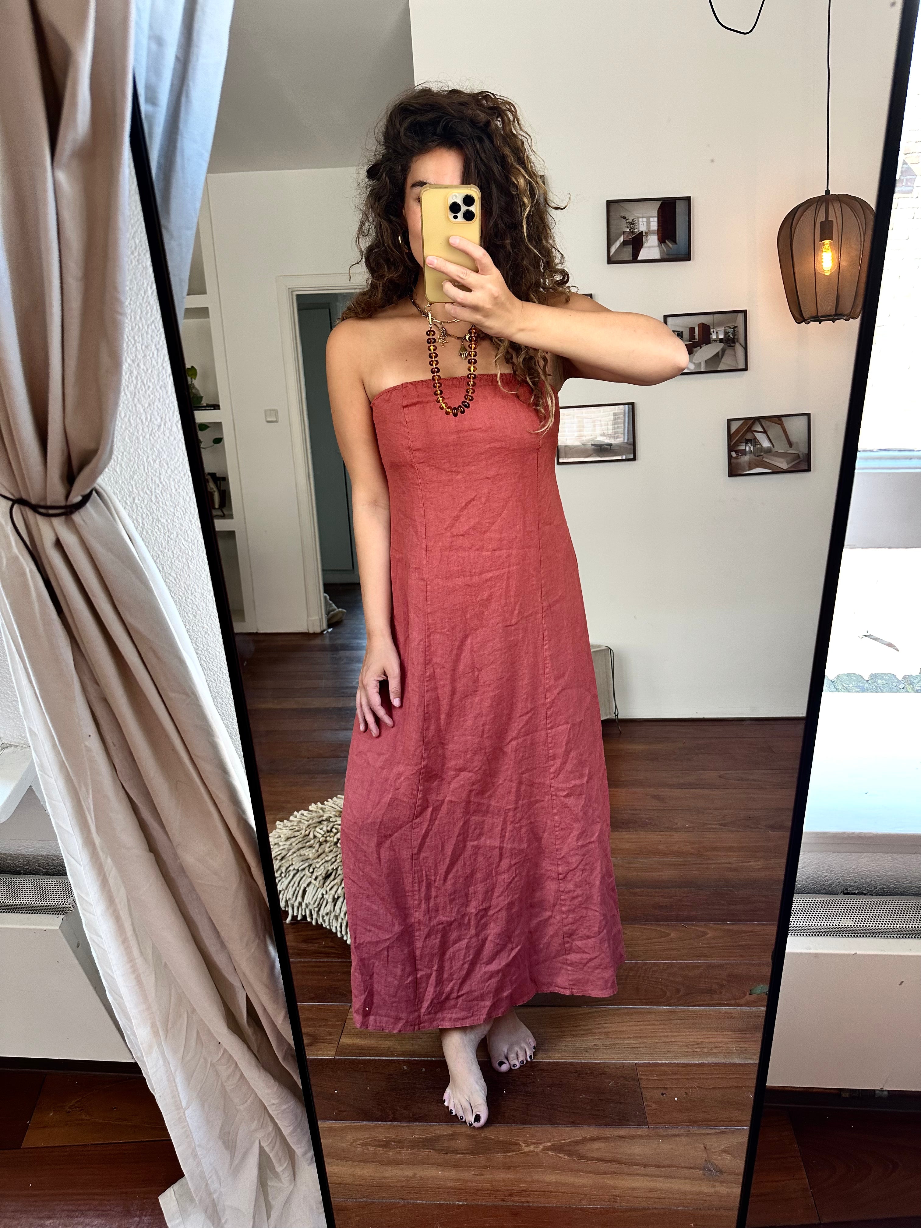 BILLIE - linnen strapless jurk roest