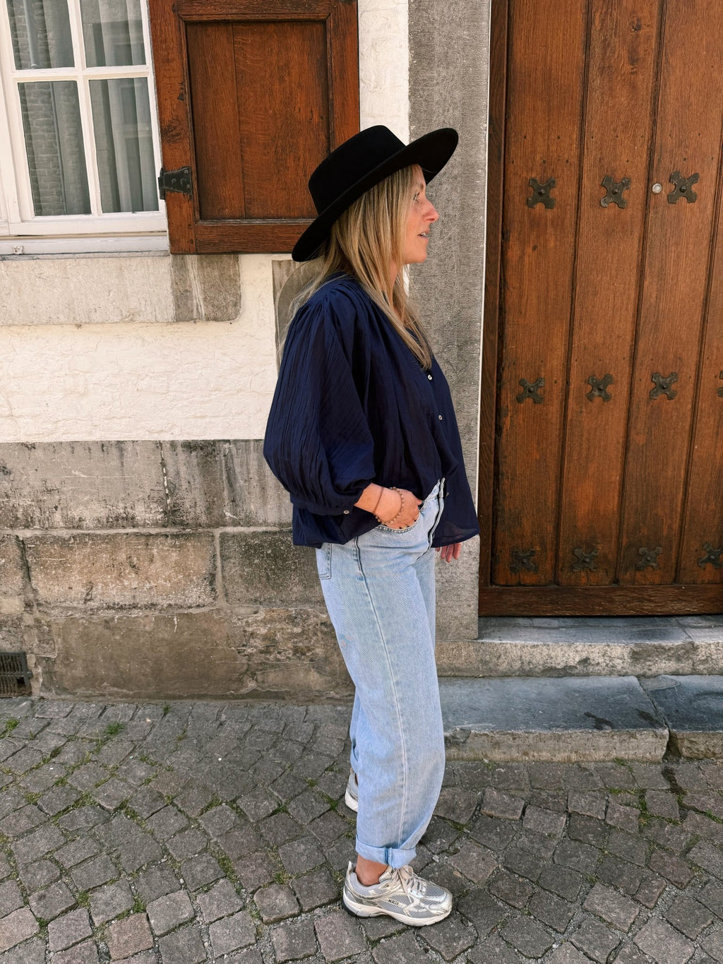 OZE - blouse met wijde mouw donkerblauw - CLAES